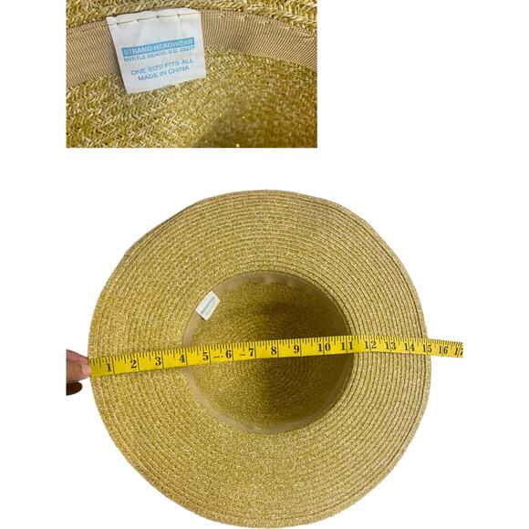 Strand Headwear Womens Summer Sun Hat Floppy Woven Straw Gold Thread Beaded Band - Picture 7 of 8